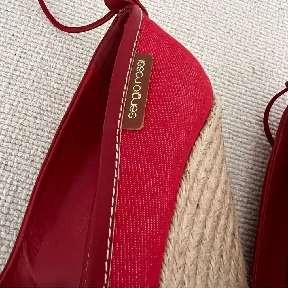 SERGIO ROSSI Red Fabric Espadrille Heels Size 39.